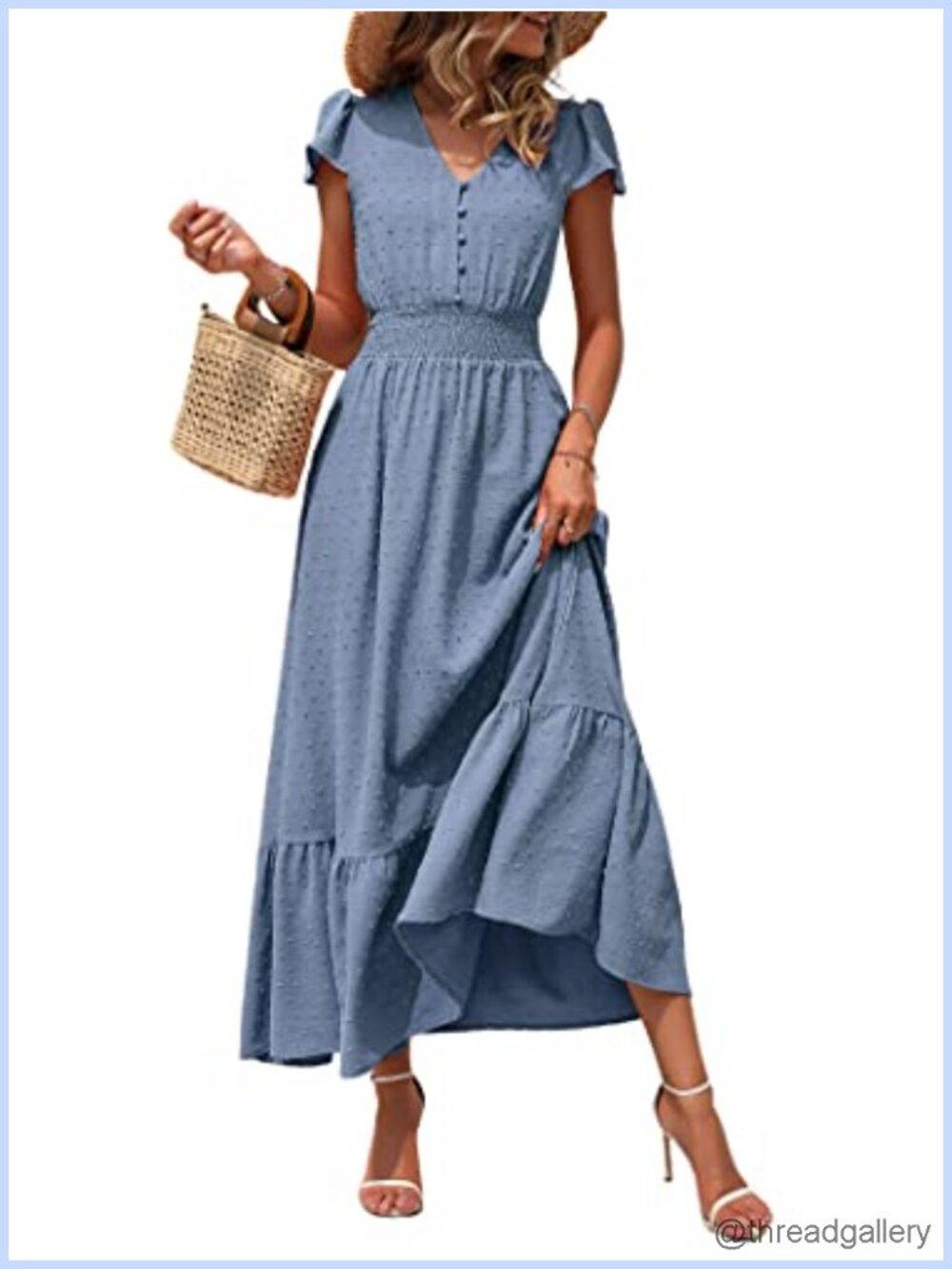 Womens Summer Boho Swiss Dot Maxi Dress V-Neck Smocked Waist Ruffle Hem
